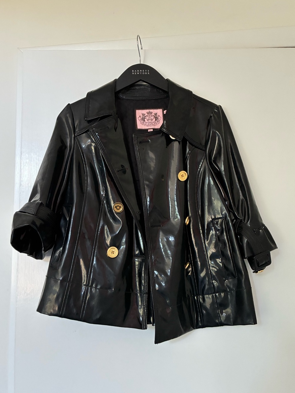 Juicy Couture Women's Patent Faux Leather Coat with Gold Buttons